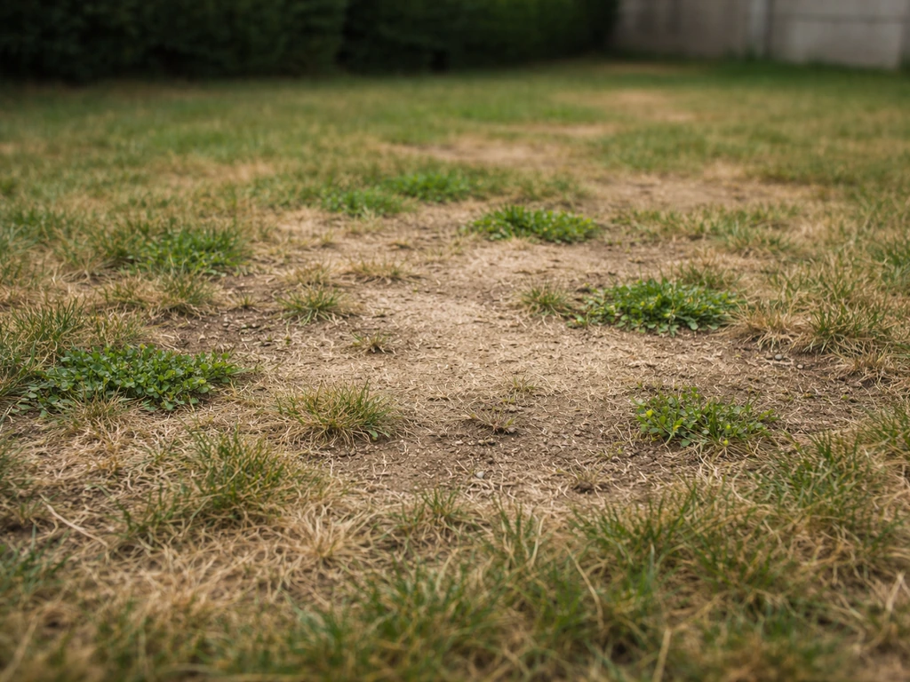 Pelouse clairsemée avec plaques nues et quelques zones sombres, vue proche avant rénovation.