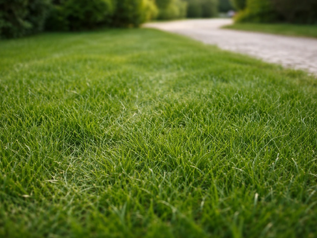 Pelouse dense et verte près d’une allée, traces d’usage légères, sol bien enraciné et résistant