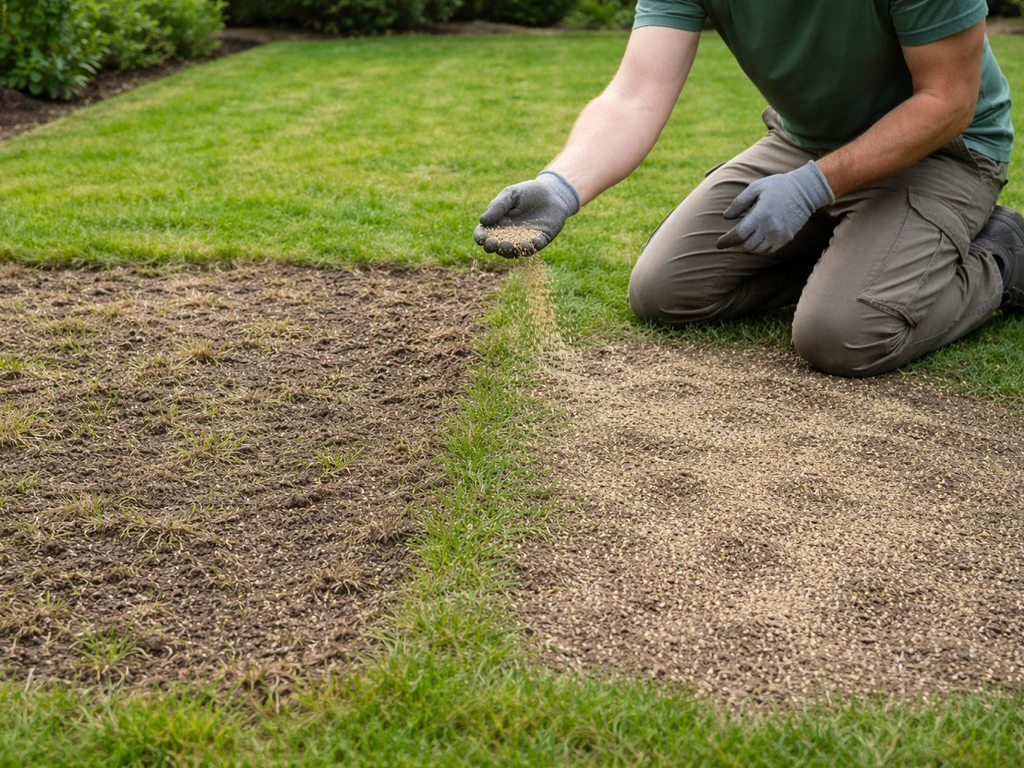 Scarification et sursemis sur une pelouse abîmée : sol aéré, semences en surface, avant-après sur une petite zone.