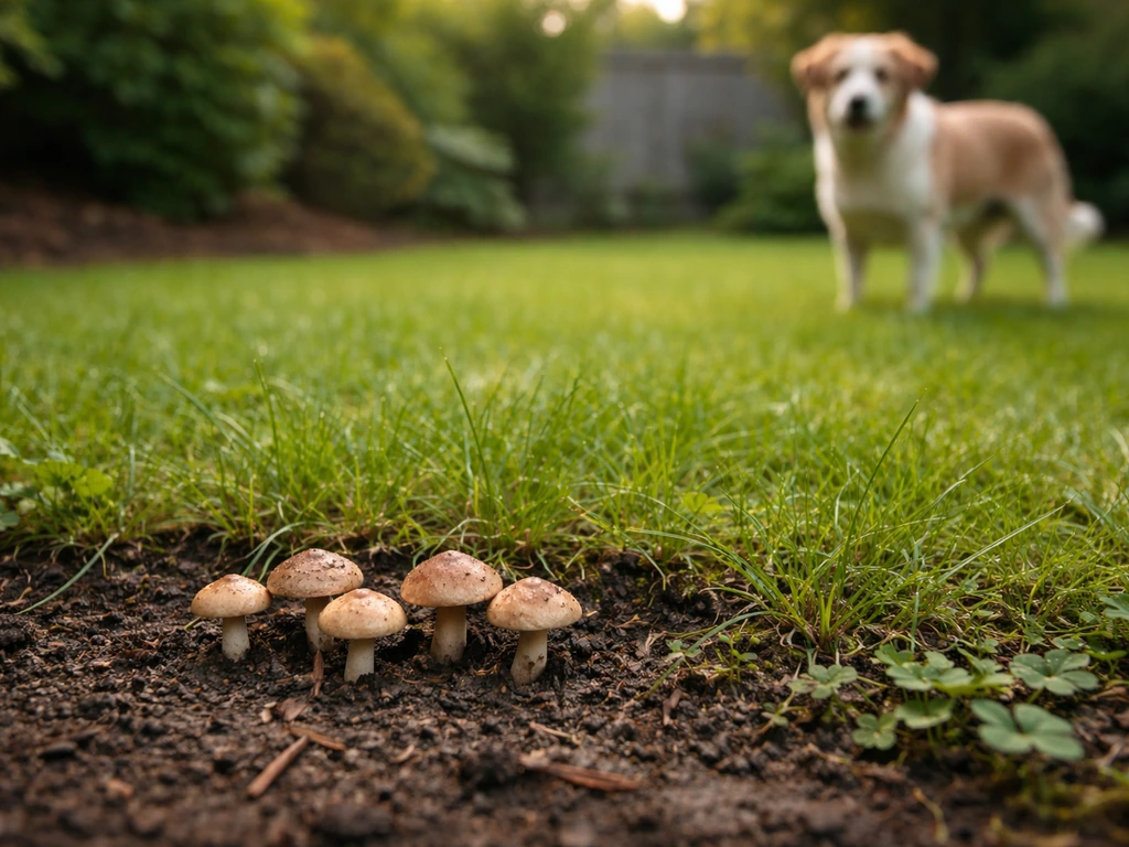Pelouse de jardin avec plusieurs champignons visibles, chien flou en arrière-plan illustrant le lien.