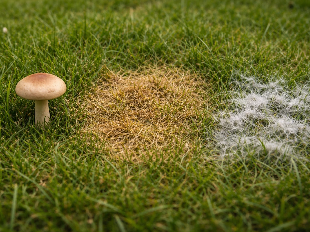 Pelouse : champignon à chapeau, zone brunissante, voile blanc-gris sur l’herbe, vue rapprochée.