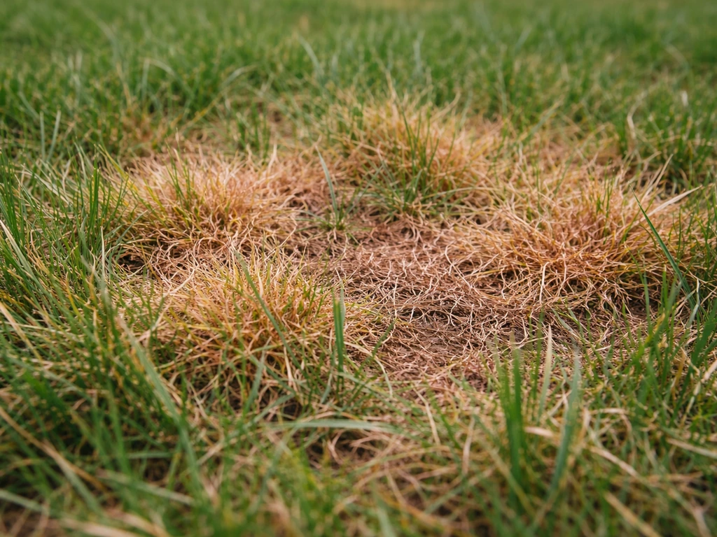 Gazon avec taches jaunies et brunies, aucune forme de champignon visible à la surface.