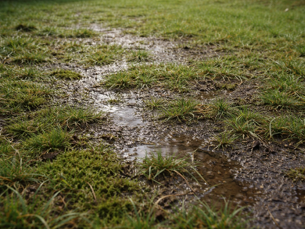 Pelouse détrempée et clairsemée, sol humide avec zones plus foncées après pluie ou arrosage excessif.