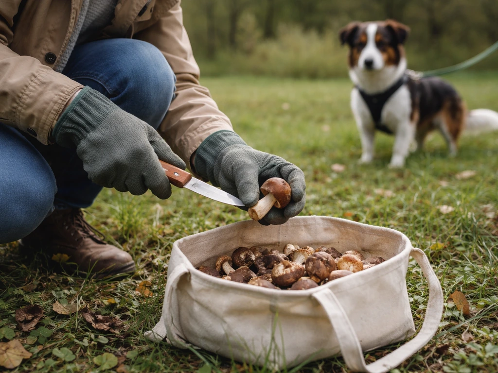 Personne en gants ramassant des champignons avec un outil, chien tenu à l’écart par une laisse.