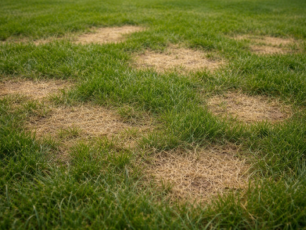 Gros plan d’une pelouse avec plaques jaunies et brunes aux bordures nettes, brins d’herbe flétris.