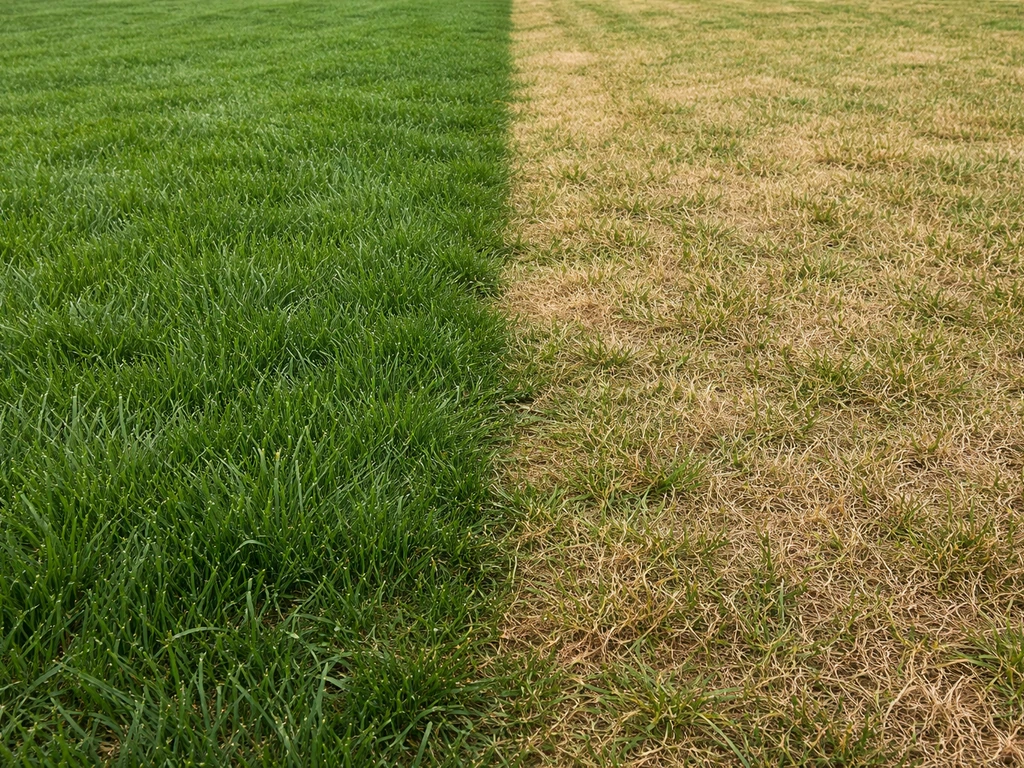 Pelouse partagée : une moitié verte et dense après pluie, l’autre moitié jaunie en période sèche.