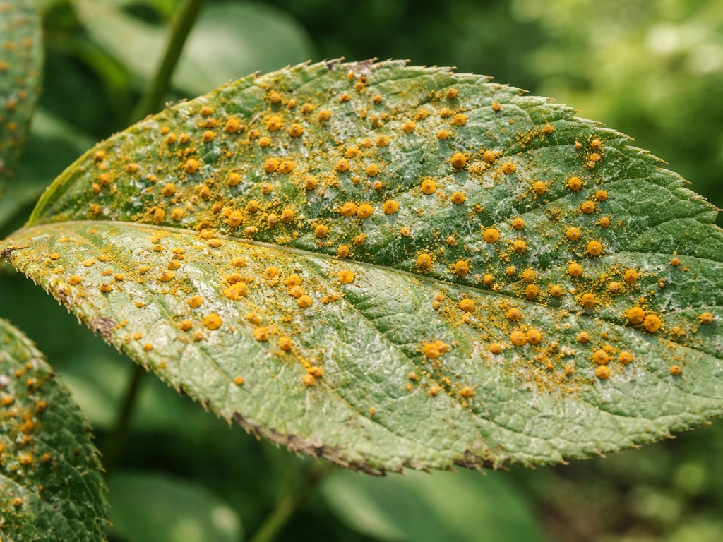 Gros plan sur des feuilles avec de petites pustules orangées de rouille, texture visible et ambiance jardin.