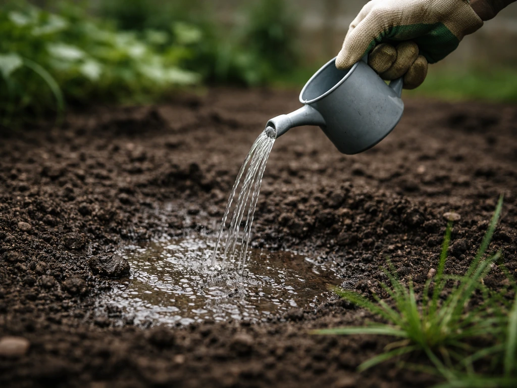Main gantée arrosant une zone de sol humide avec un petit arrosoir, scène biologique sans produits chimiques.