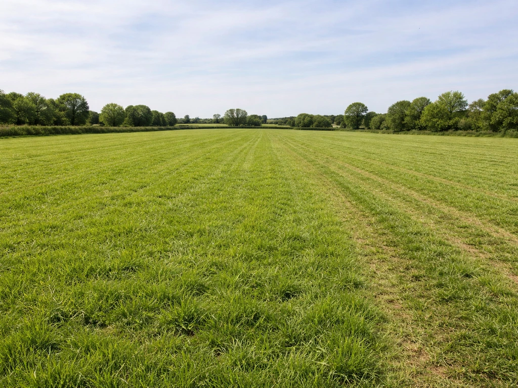Parcelle de gazon agricole/pré bien établie, texture régulière et traces de coupe pour usage agricole.