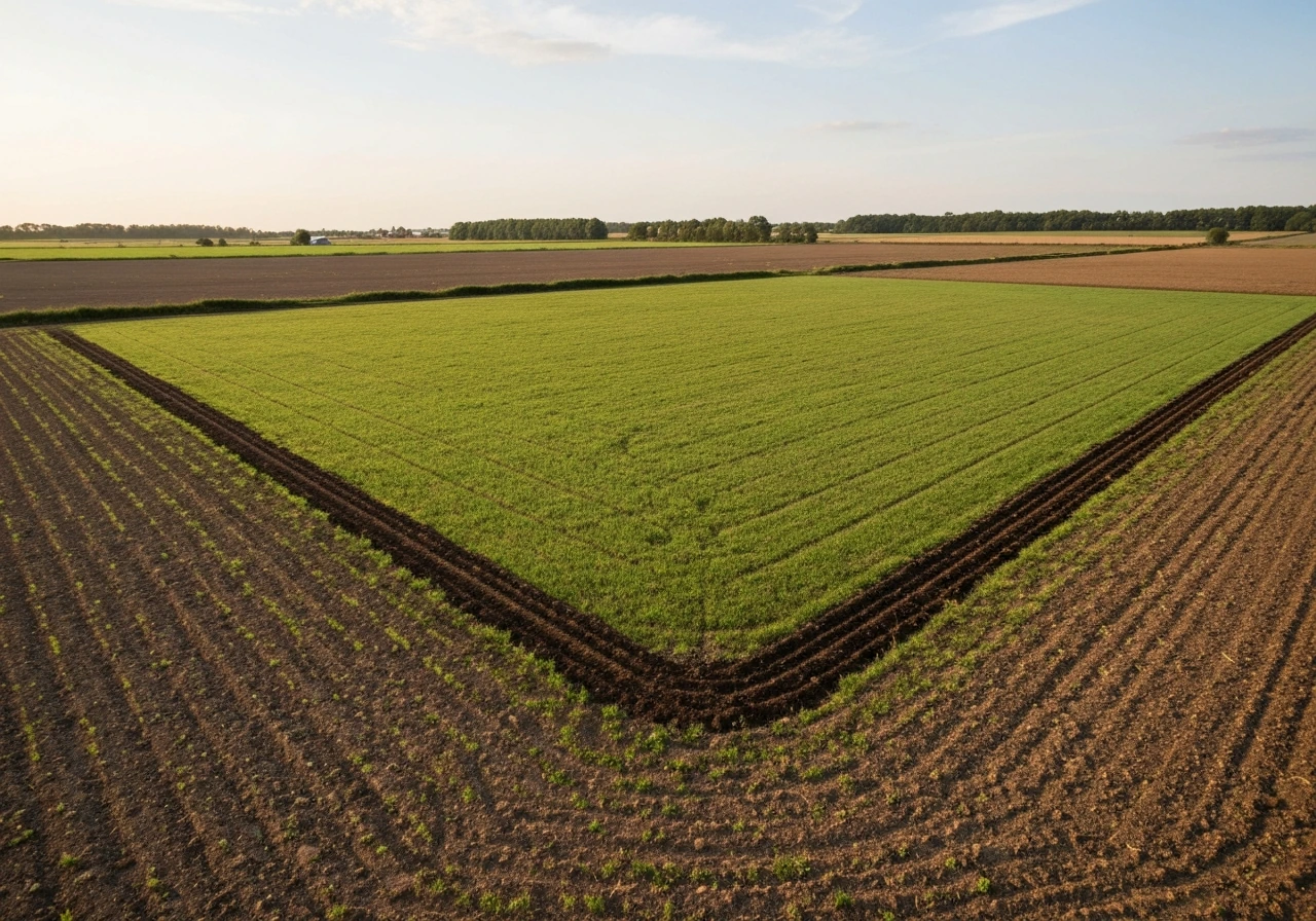Champs en France avec ruban de prairie fourragère et sol couvert, ambiance rurale calme