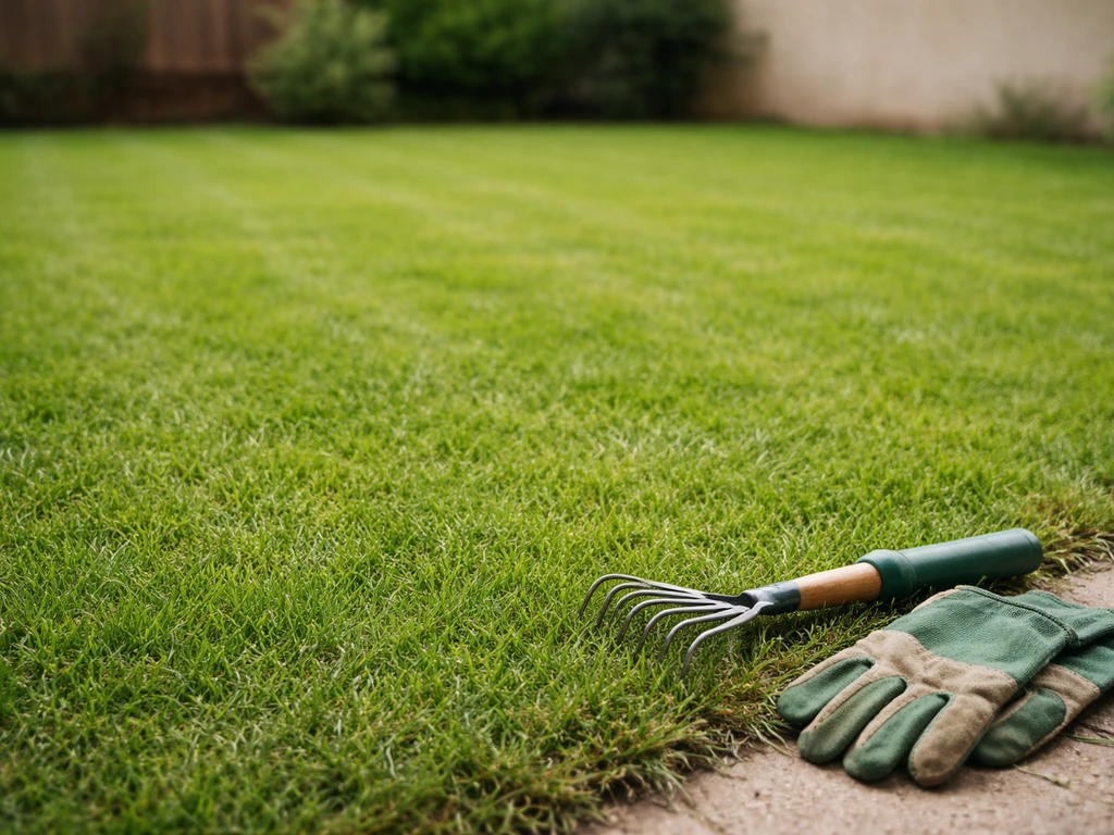 Pelouse verte au soleil, outils de jardinage simples au sol, ambiance naturelle et entretien sans certification.