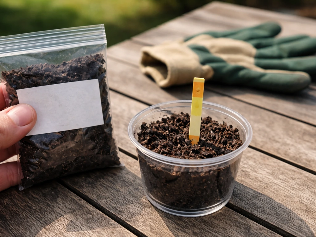 Test de pH du sol avec bandelettes et échantillon de terre sur une table de jardin