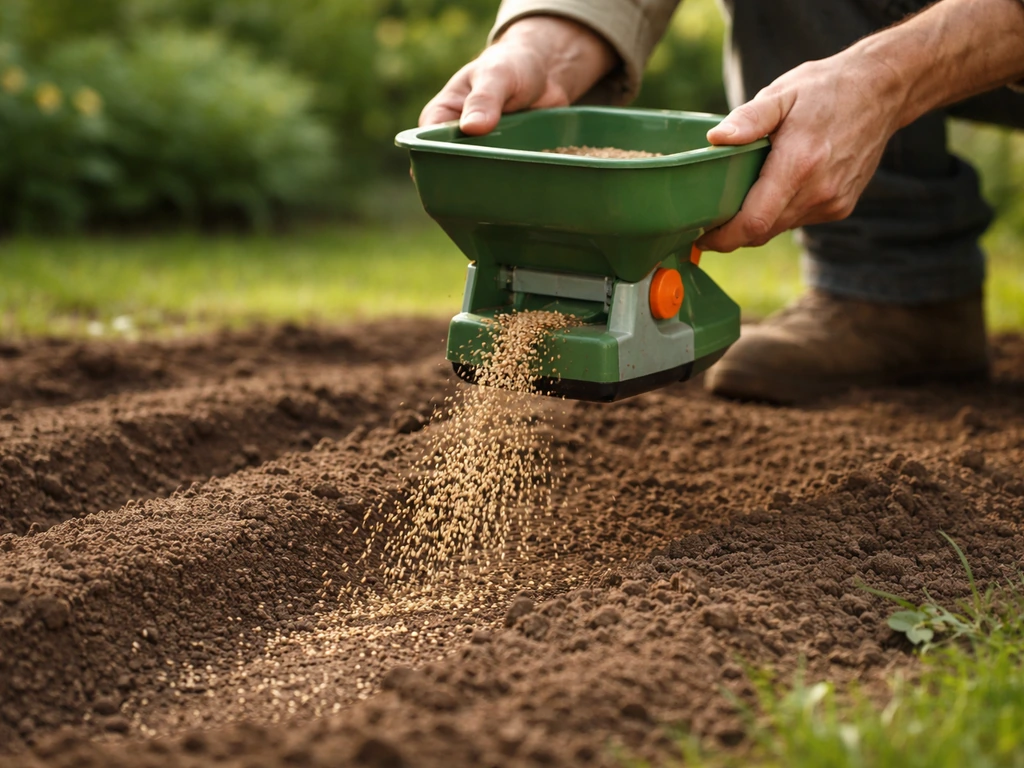 Semis au jardin : un épandeur à main répand des graines sur une terre fraîchement préparée