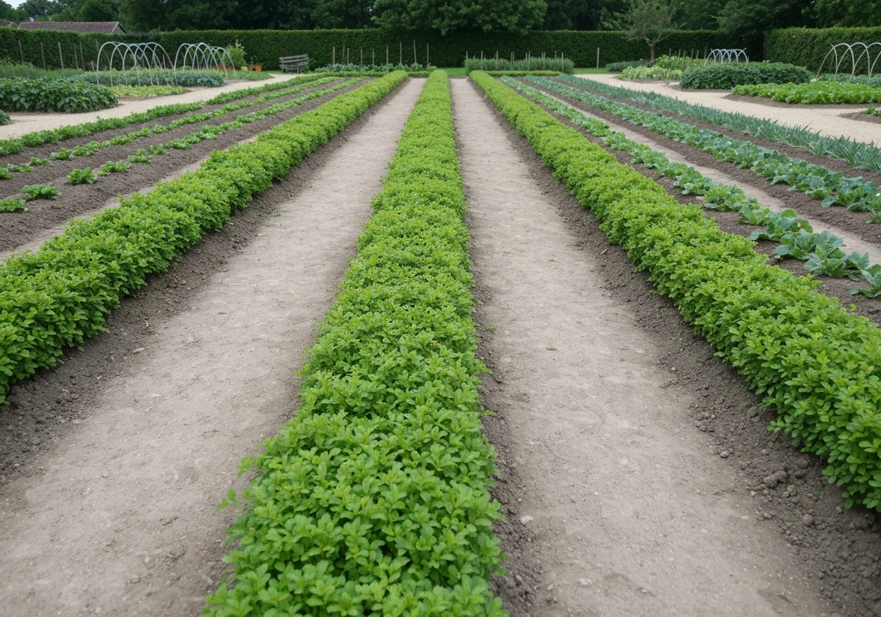 Allée de potager bordée par un gazon dense, sol propre sans boue entre les planches de cultures.