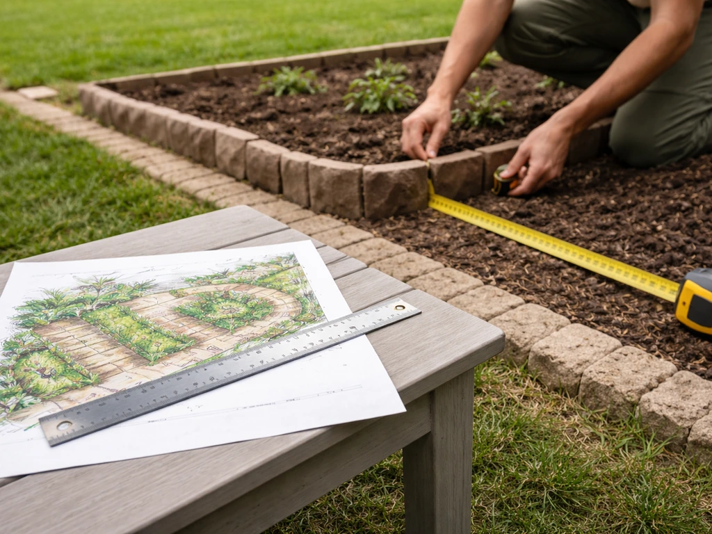 Plan de jardin sur papier, ruban de mesure et bordures physiques séparant gazon et potager.