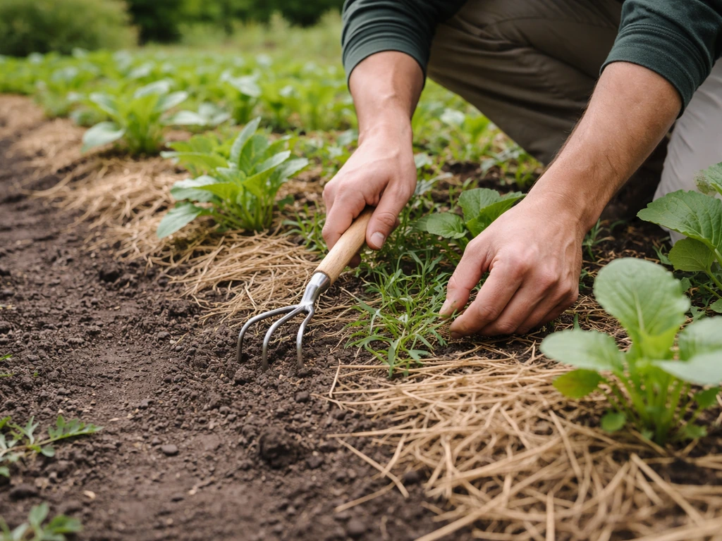 Désherbage manuel entre jeunes plants de potager, allée en terre avec paillage naturel, sans herbicide.