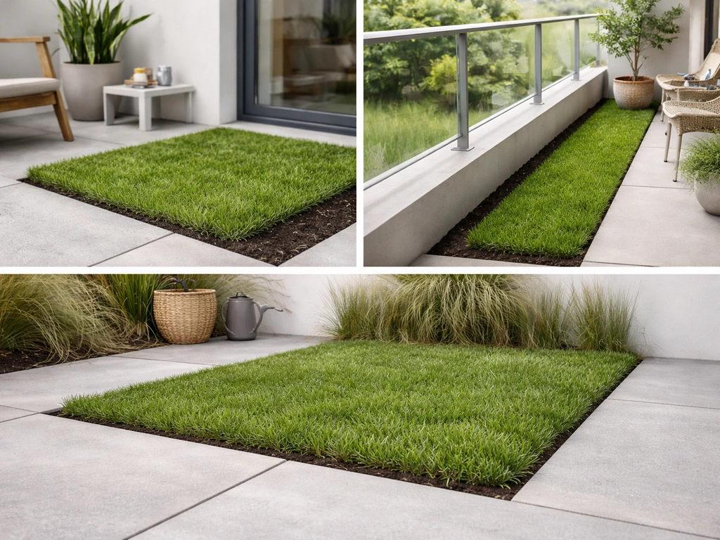 Trois petits espaces de jardin français, montrant béton, substrat et gazon sur une terrasse et un balcon.