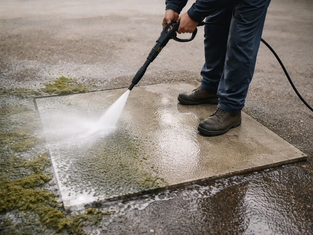 Nettoyage d’une dalle béton au karcher, résidus et mousse s’évacuant, sol propre et humide