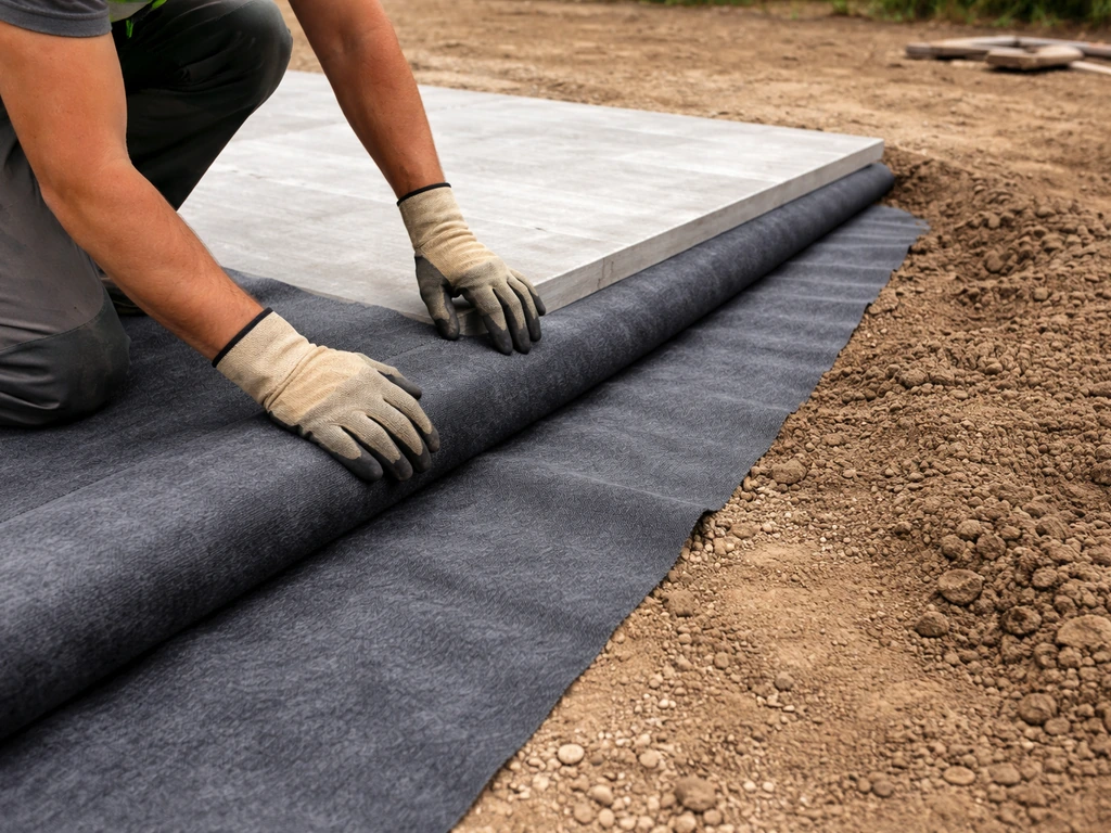 Pose d’une membrane géotextile anti-racines entre une dalle béton et un substrat, avec recouvrement des lés.
