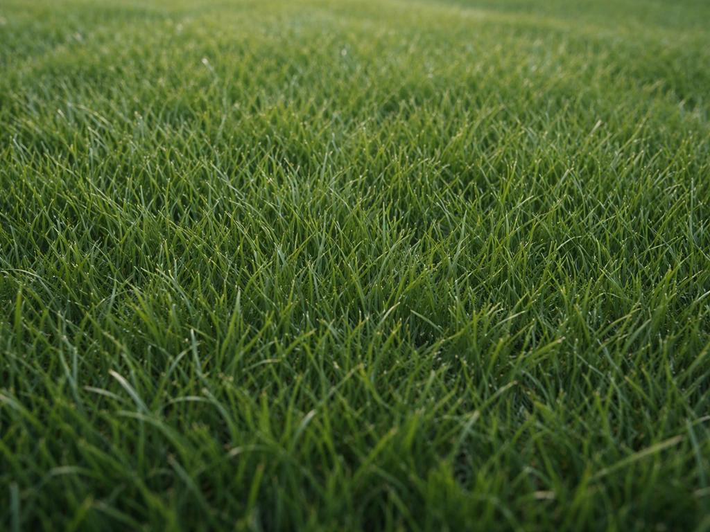 Gros plan d’un tapis de gazon dense vert profond légèrement bleuté, texture du pâturin du Kentucky.