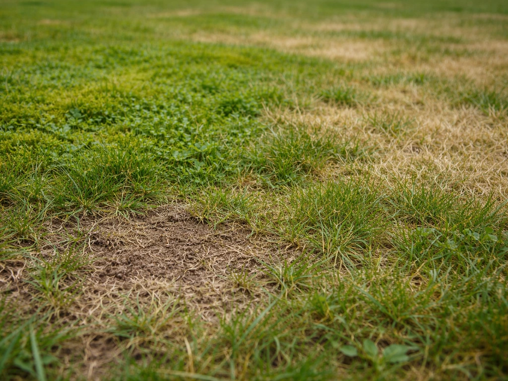 Gazon avec zones de mousse/feutrage, taches décolorées jaunâtres et zones plus sèches visibles au sol