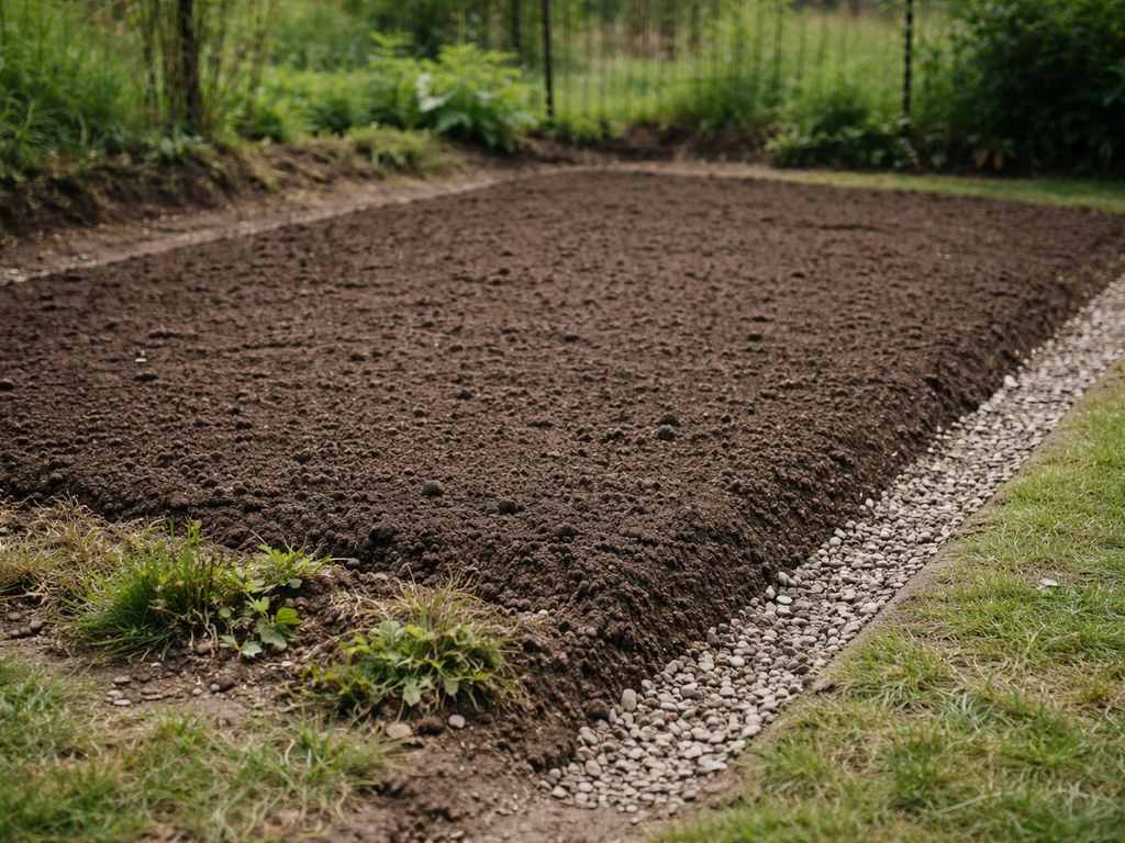 Jardin avec sol nivelé, désherbage visible et zone de drainage en gravillons, prêt pour poser la tourbe.