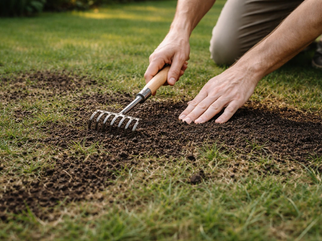 Jardinier regarnissant un gazon existant avec un fin terreau, râteau léger et terrain vert en arrière-plan.
