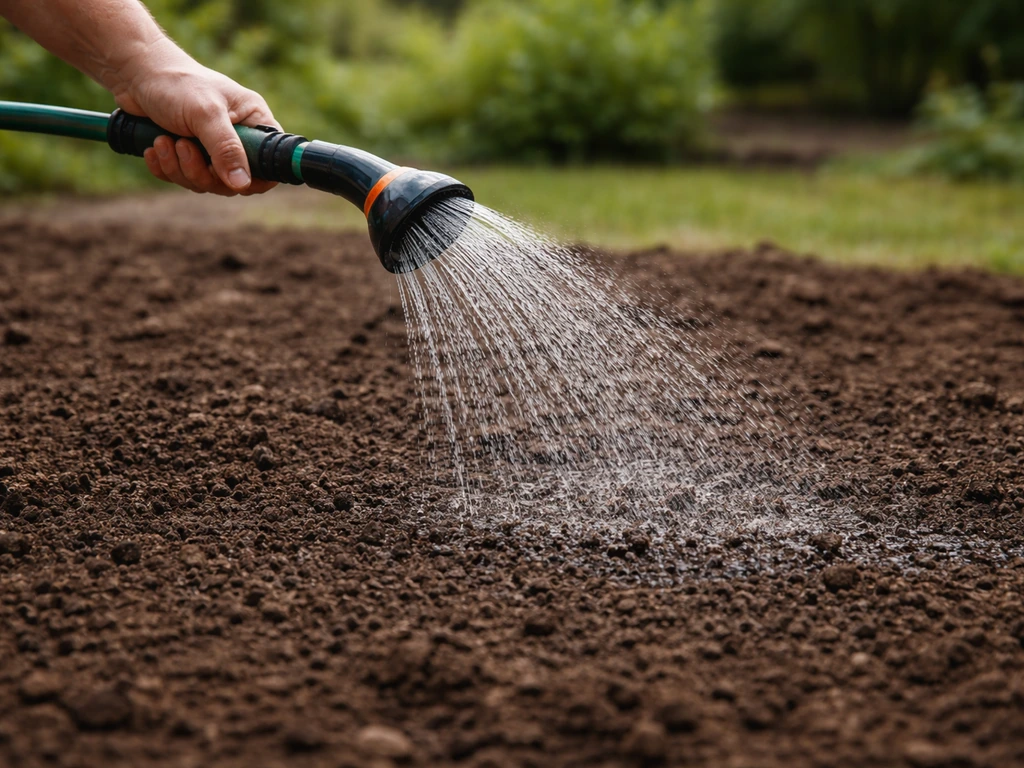 Main arrosant en pluie fine un sol de tourbe, humidification homogène sans ruissellement.