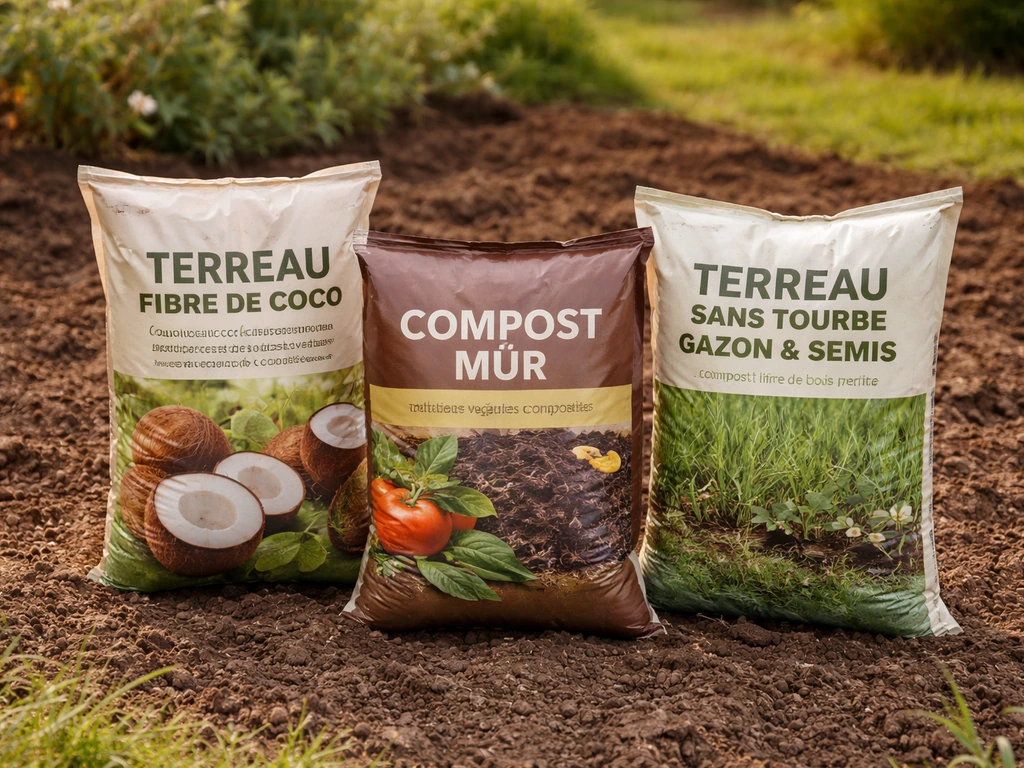 Plusieurs sacs de terreau sans tourbe sur une terre de jardin, options alternatives pour gazon et semis.