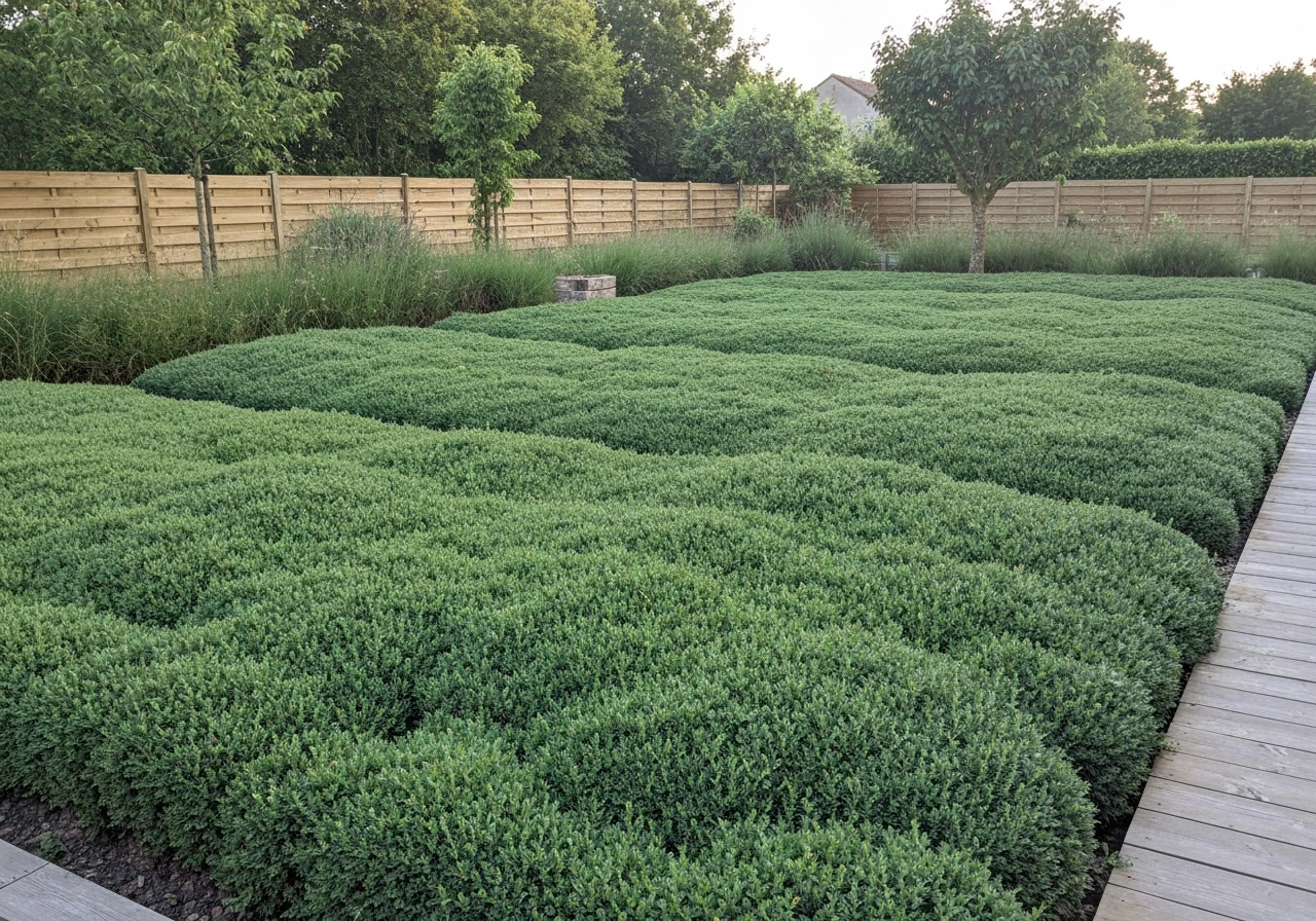 Pelouse verdoyante et dense dans un jardin français, avec une zone piétinable au premier plan.