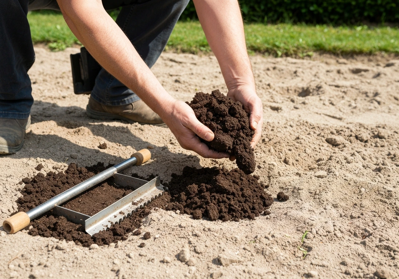 Mains anonymes épandant du compost mûr sur une terre sableuse claire, râteau prêt à incorporer.