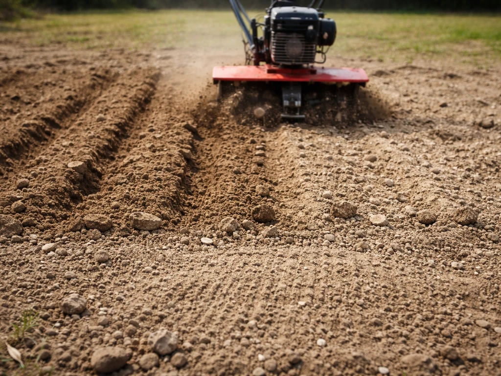 Sol dur décompacté, vue de sillons avec un motoculteur et griffage fin en surface.