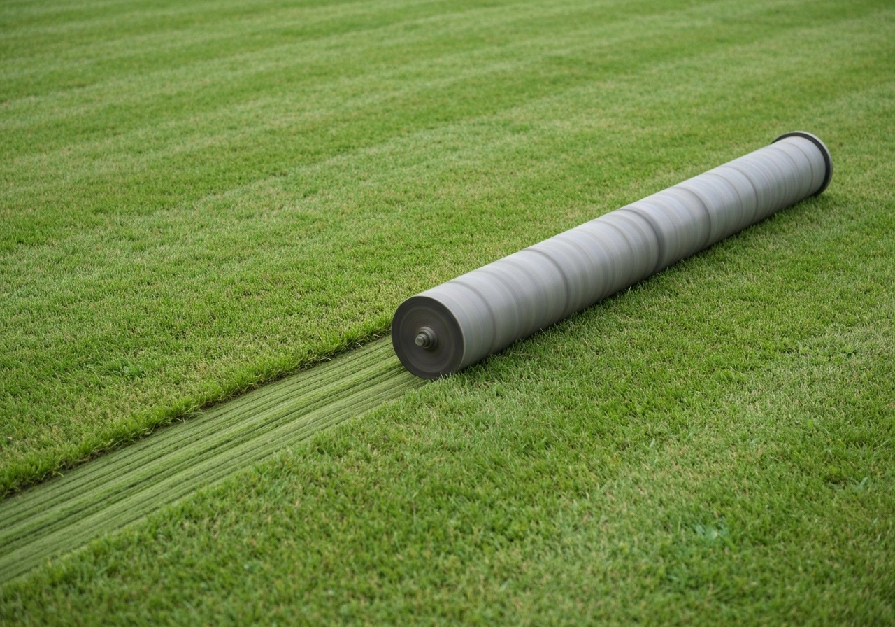 Scarification d’une pelouse : un scarificateur à peignes passe, laissant l’herbe plus aérée et débarrassée du feutrage.