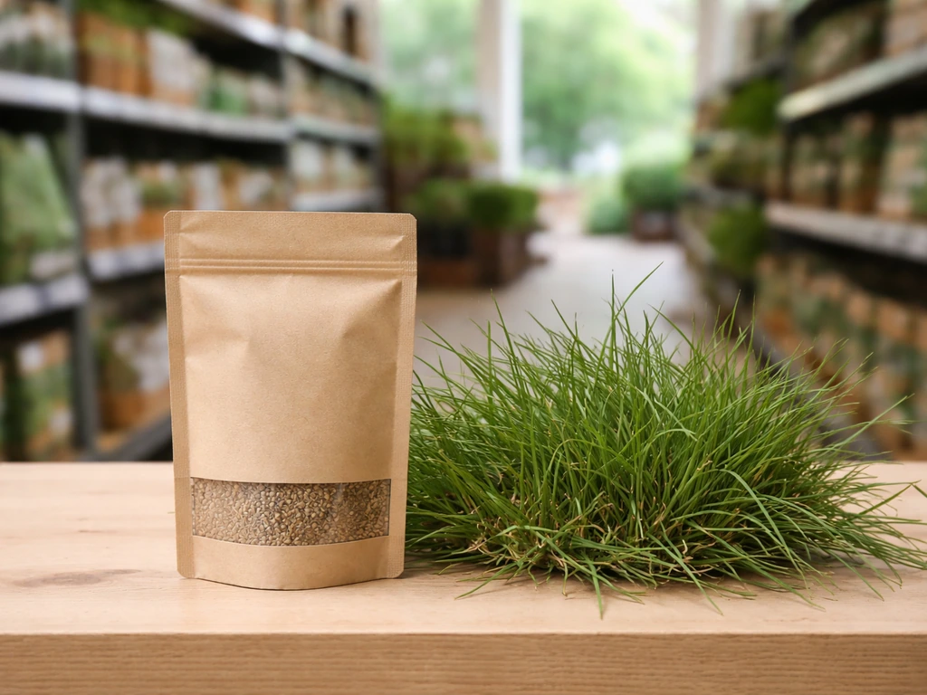 Herbe fraîche de Cynodon dactylon à côté d’un petit pot ou sachet de gazon en jardinerie, arrière-plan flou.