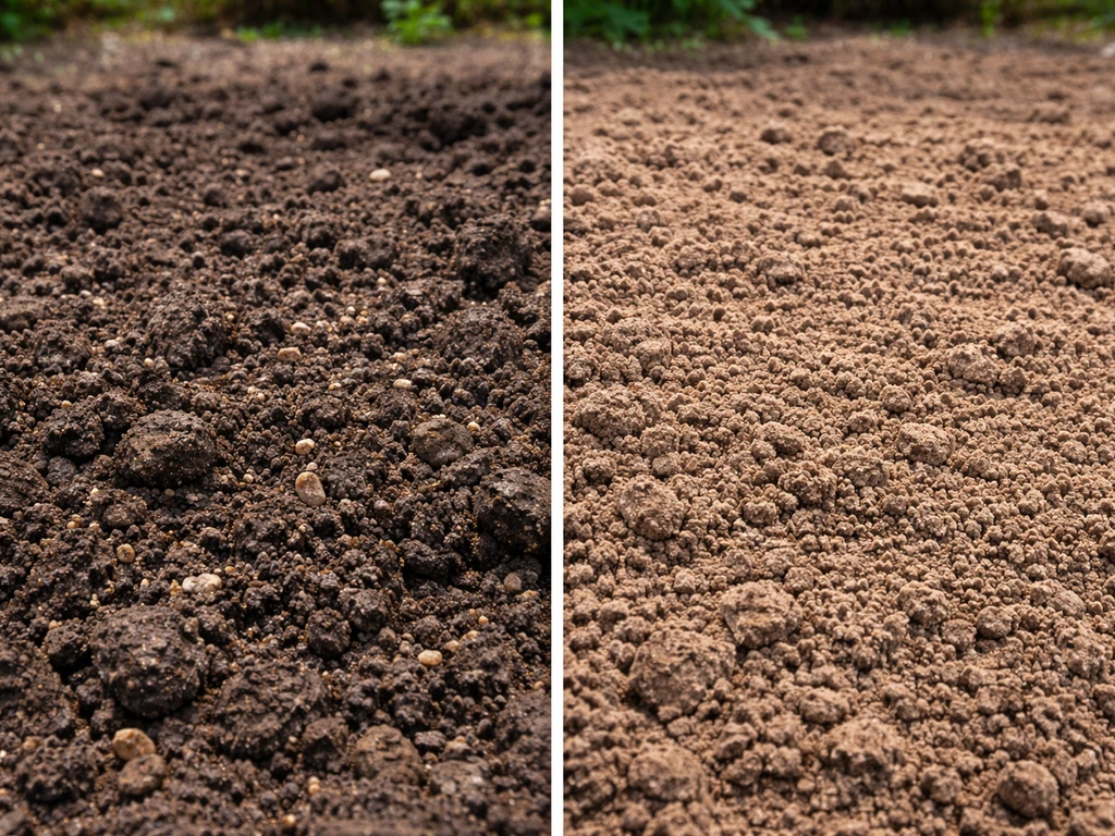 Photo split : sol argileux ameubli avec sable grossier, puis sol plus léger déjà meuble.