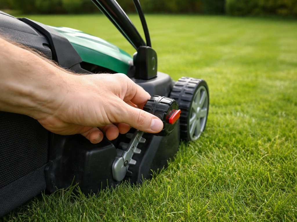 Main réglant la hauteur de coupe d’une tondeuse sur une pelouse, herbe verte après tonte.