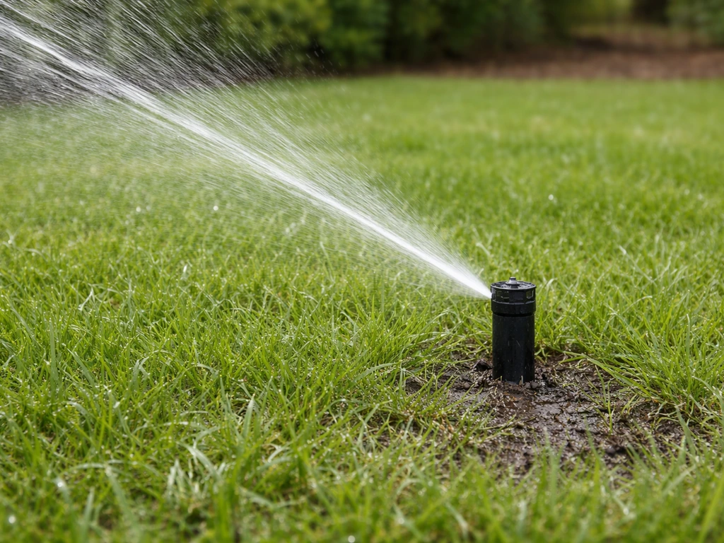 Arroseur de jardin en action, jet d’eau, sol humide en profondeur pour un arrosage profond