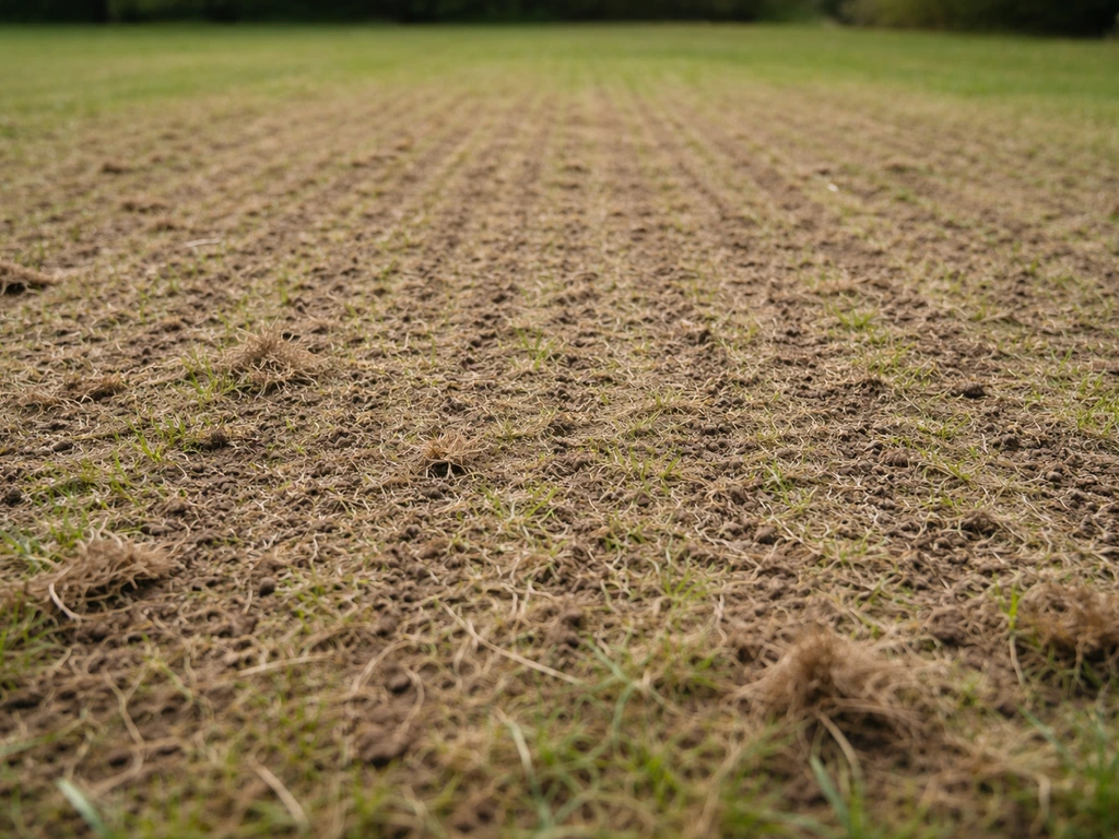 Pelouse scarifiée et terre meuble, avant sursemis, avec surface prête à recevoir les graines.