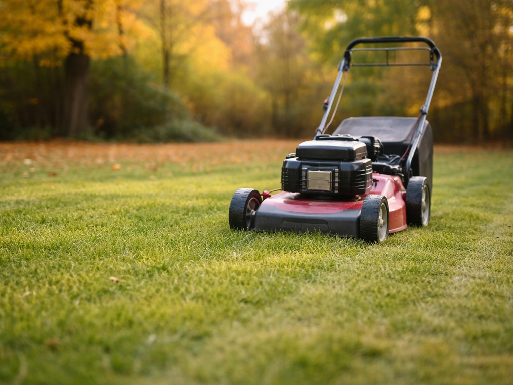 Tondeuse sur une pelouse d’automne, herbe encore verte après la dernière tonte avant l’hiver.