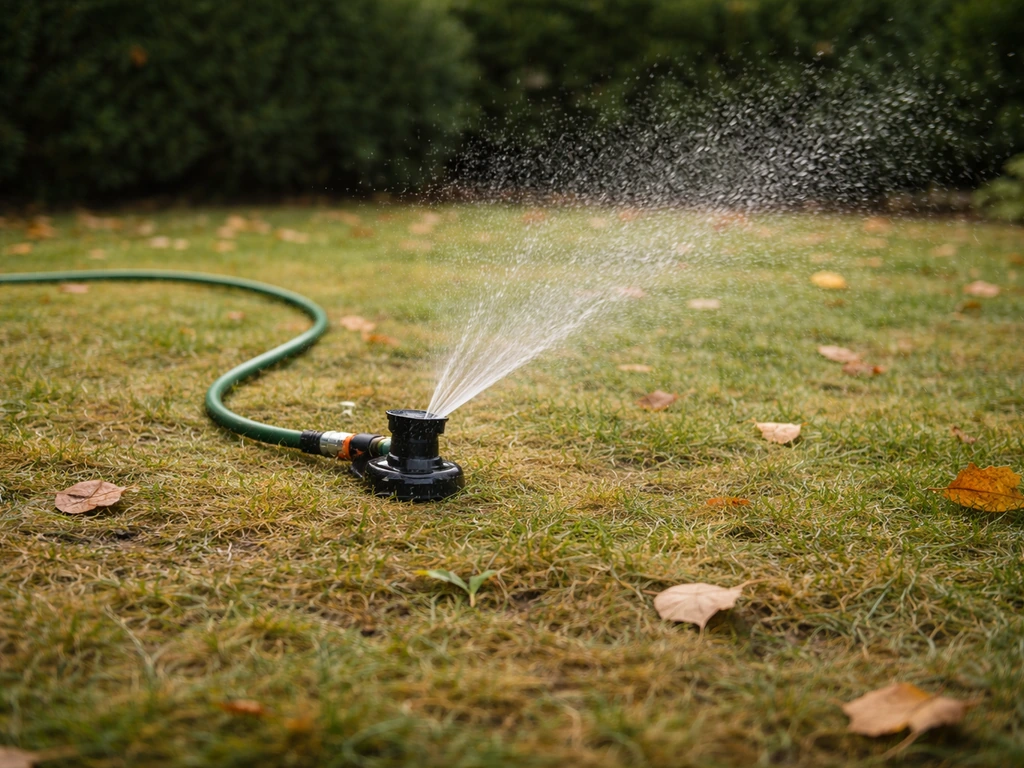 Arrosage d’automne sur une pelouse avec feutre discret, sans flaques, vue rapprochée de l’asperseur.