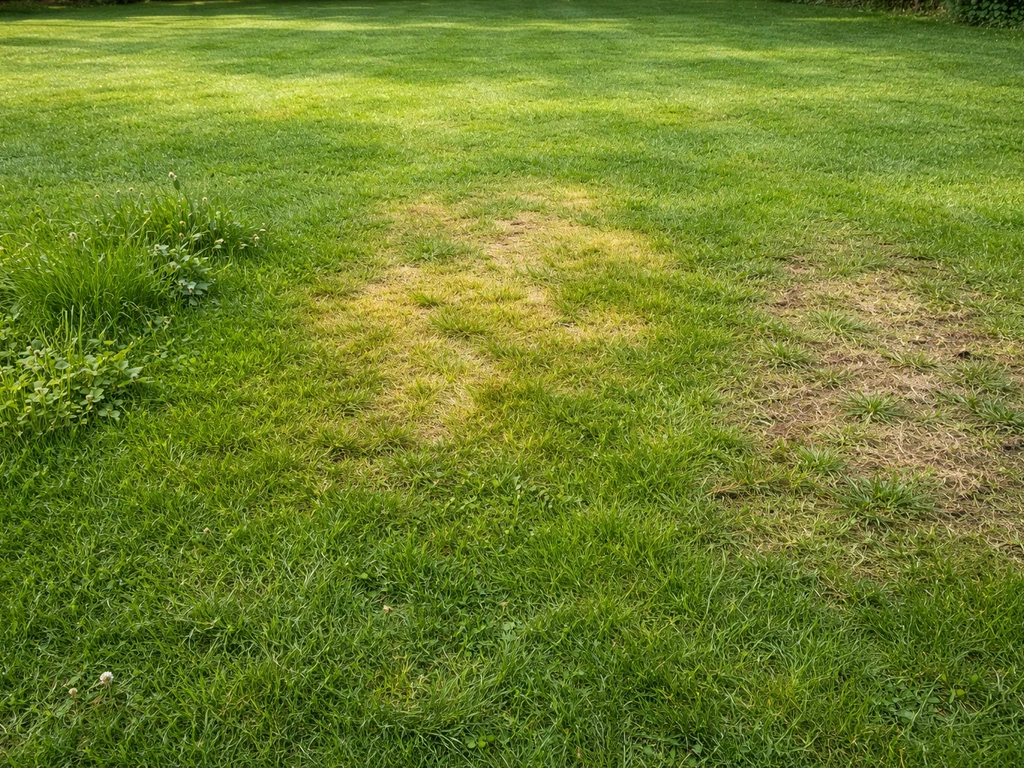 Vue large d’une pelouse française avec zones distinctes de mauvaises herbes, jaunissement et zones abîmées pour un diagn
