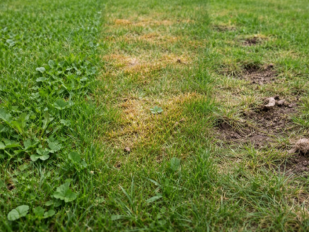 Pelouse en trois zones : mauvaises herbes, plaques jaunies avec traces de champignons, dégâts d’insectes.
