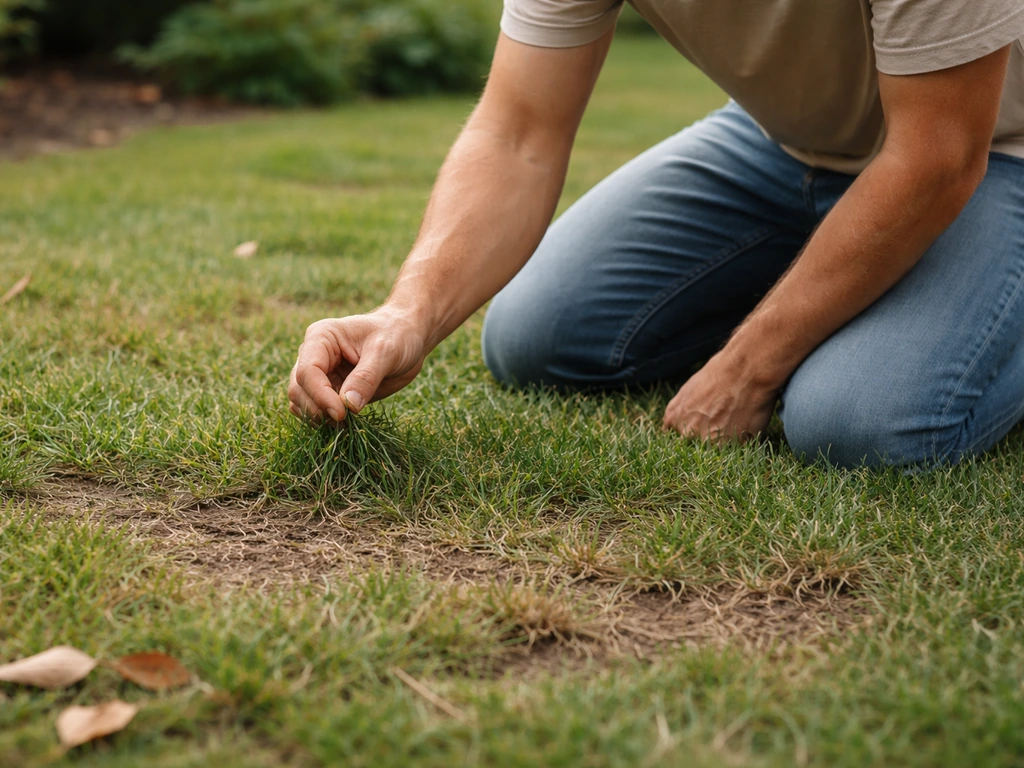 Jardinier à genoux inspectant le sol, tirant doucement sur l’herbe et observant les dégâts visibles
