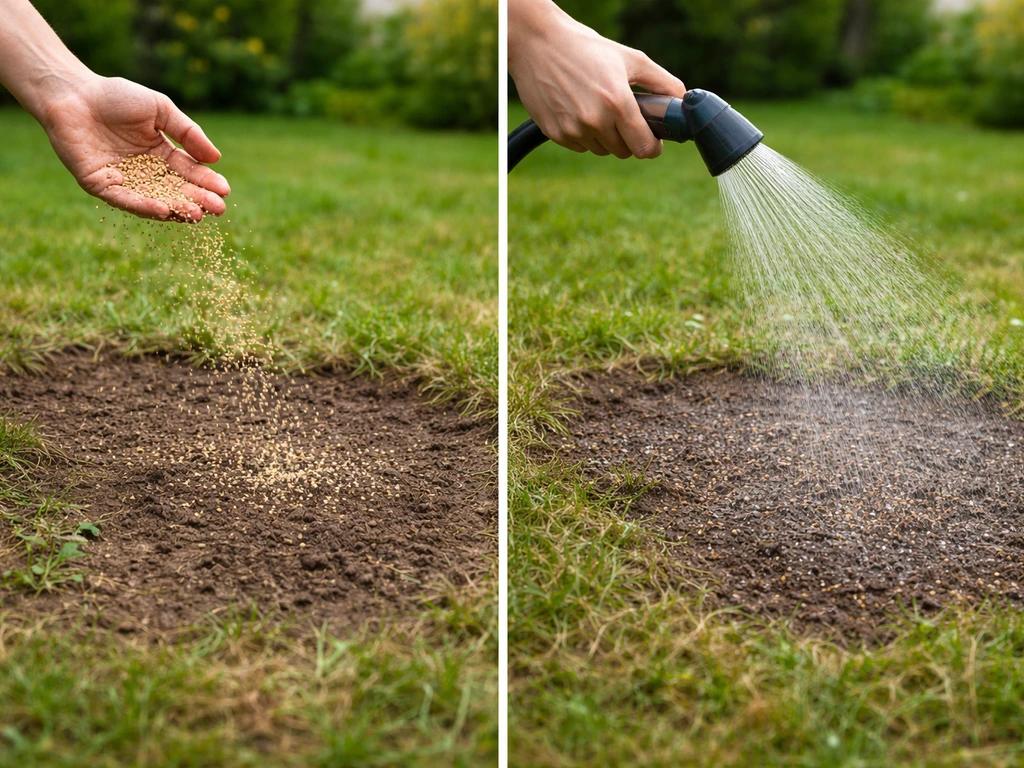 Sursemis de pelouse : semences arrosées sur une zone partiellement clairsemée, jardin résidentiel.