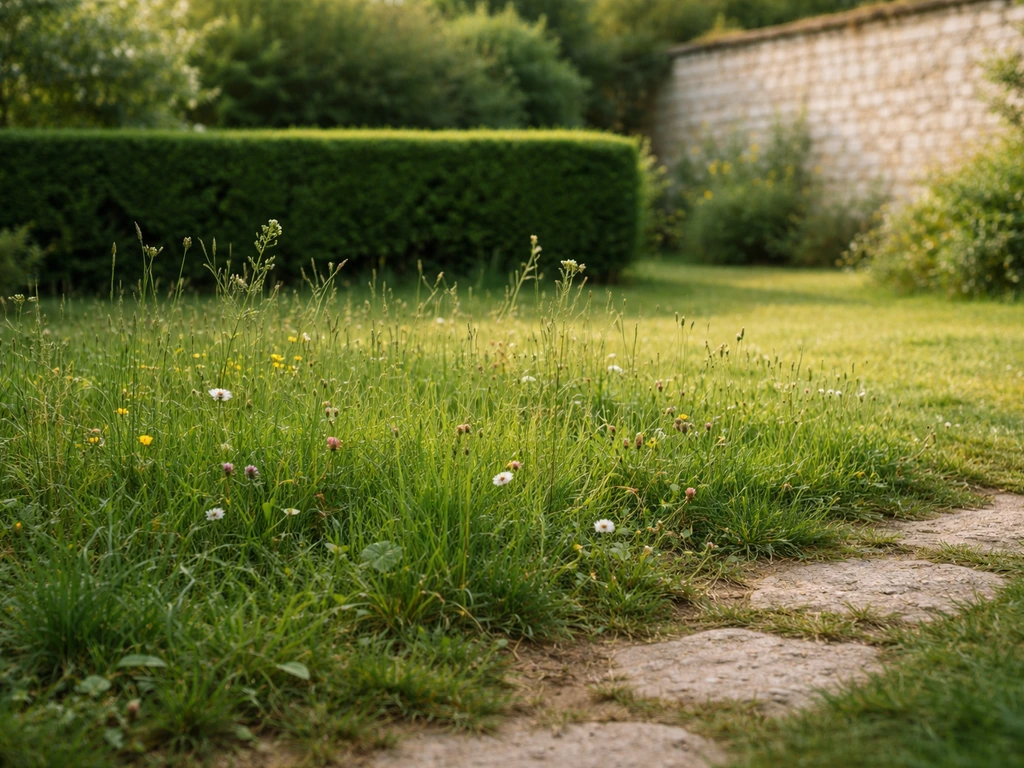 Jardin français paisible avec une zone de gazon sauvage, herbes spontanées et fleurs, sous une lumière naturelle douce.