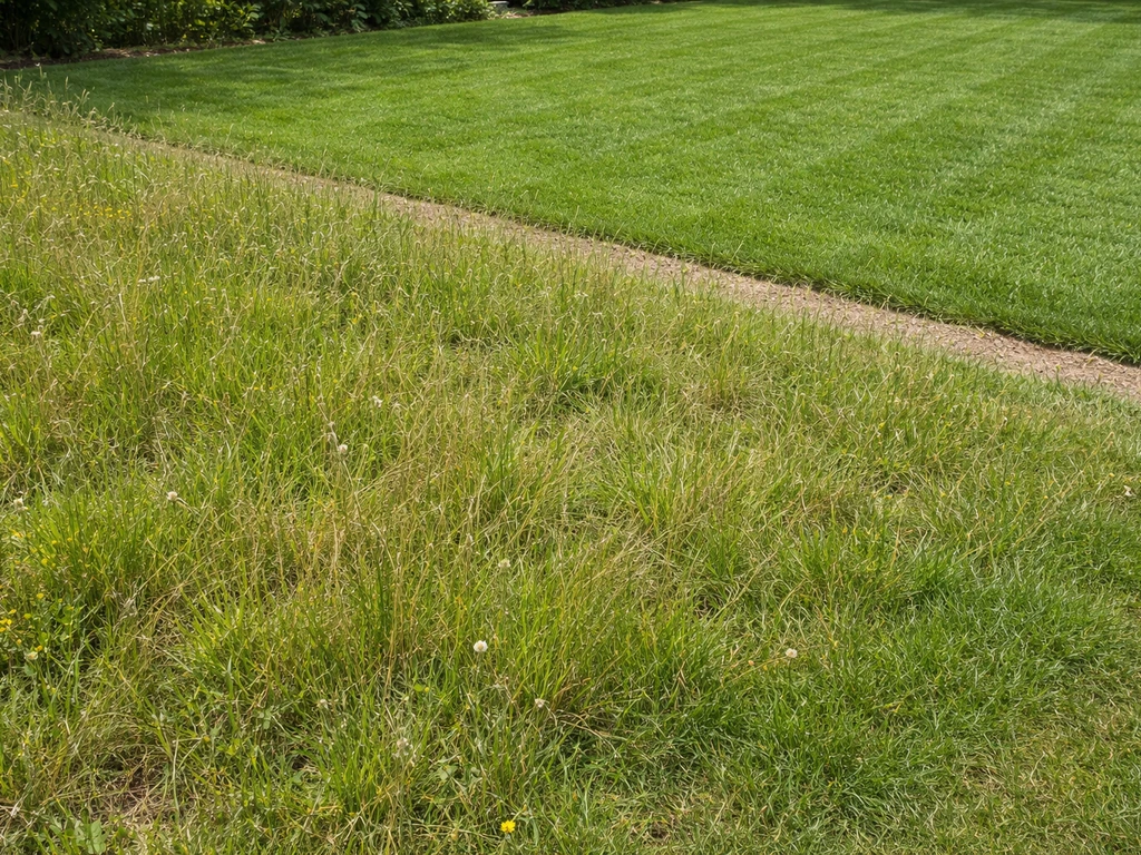 Comparaison visuelle : gazon sauvage naturel avec herbes et petites fleurs vs pelouse homogène bien tondue.