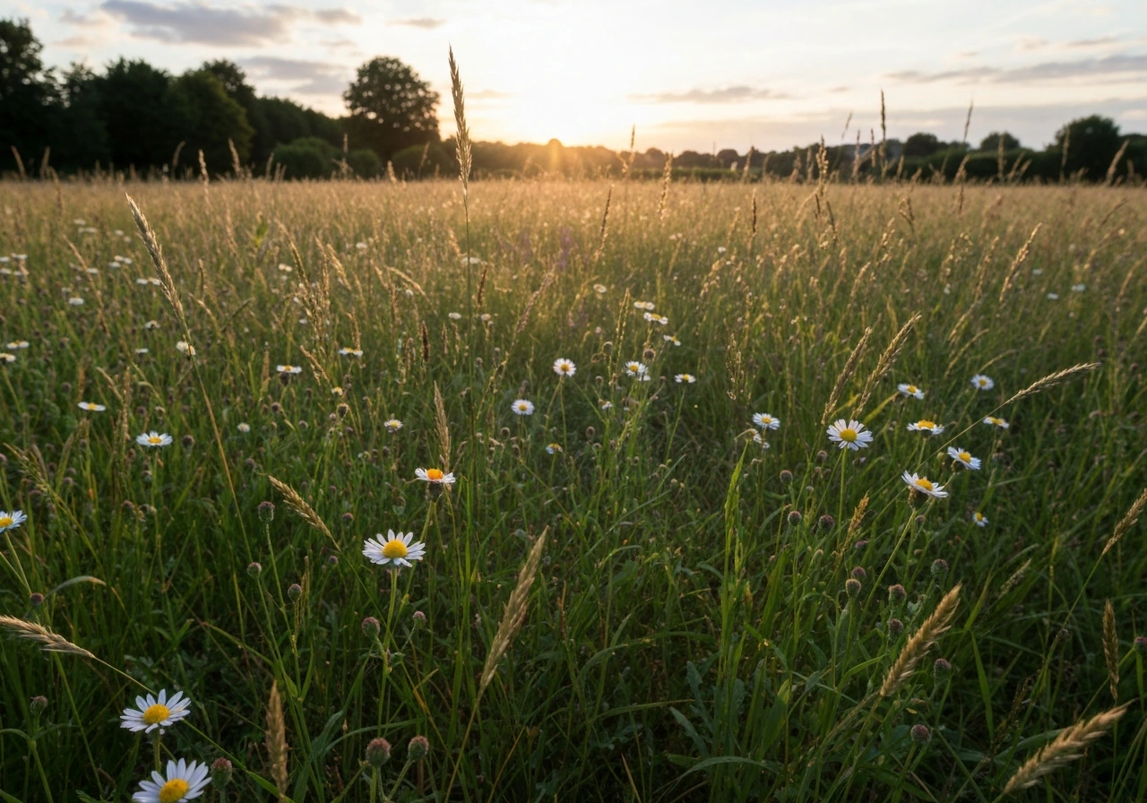 Gros plan sur des graminées sauvages en fleurs, avec un aspect poussiéreux évoquant le pollen.