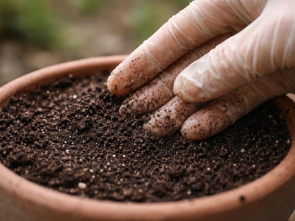 Gros plan de terre humide et d’une main gantée de jardin, illustrant le contact sol–mains.