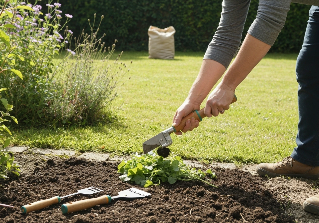 Tonte manuelle douce et paillage dans un jardin, outils propres et compost, sans pesticides.