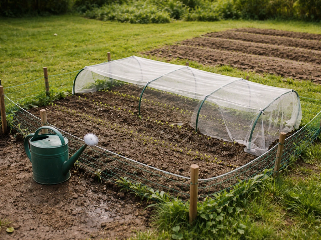 Petit jardin potager avec une zone de semis fermée par une barrière temporaire et un arrosoir au sol